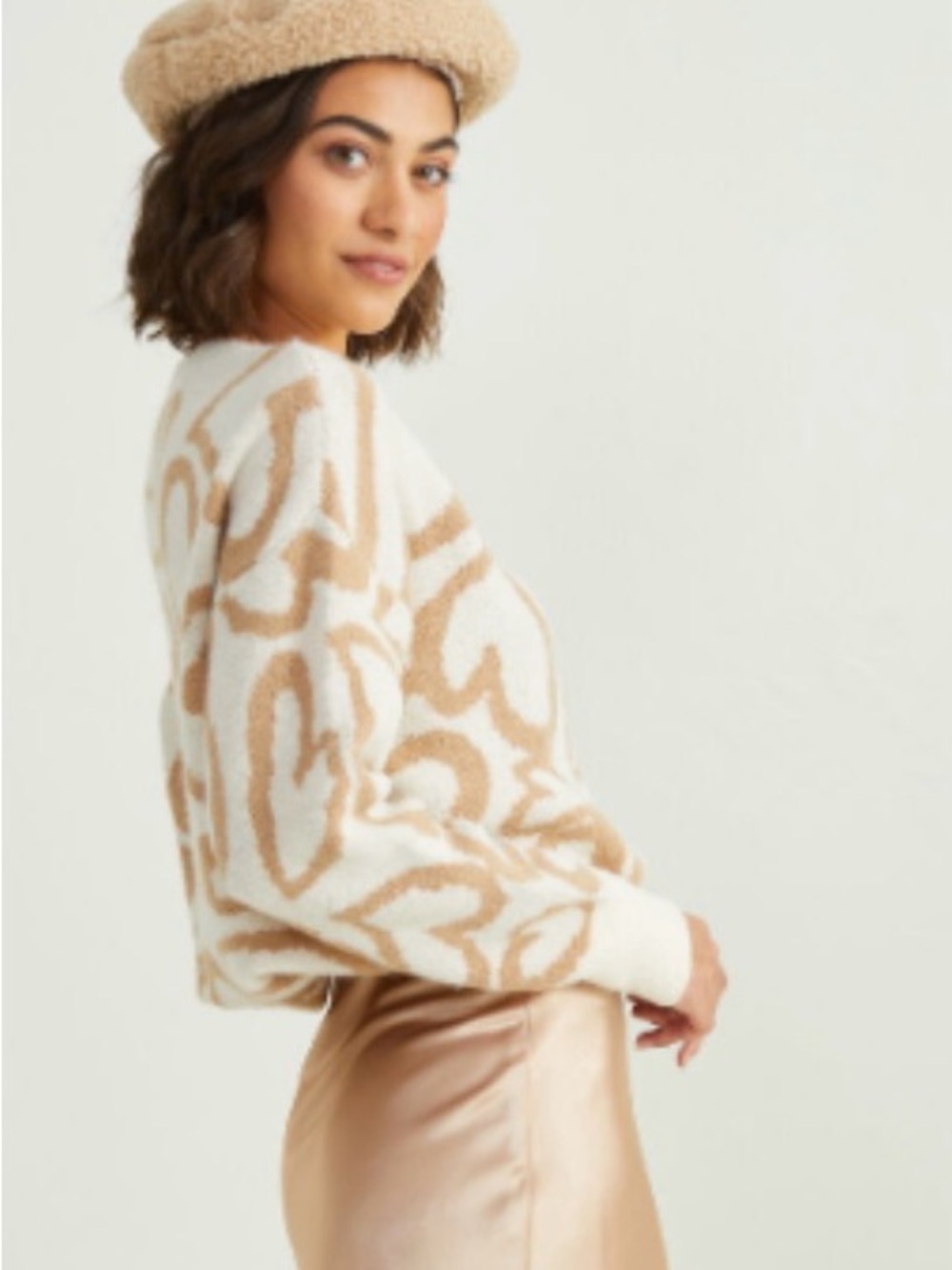 Altar'd State Cream & Tan Heart-Pattern Crewneck Sweater